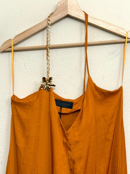 NWT Zara Satin Effect Midi Dress with Gold floral appliqué in Burnt Orange Sz M - Picture 7 of 16